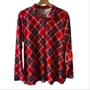 NWT Kim Rogers Red Plaid Henley Shirt Size Medium collar black outdoors rustic